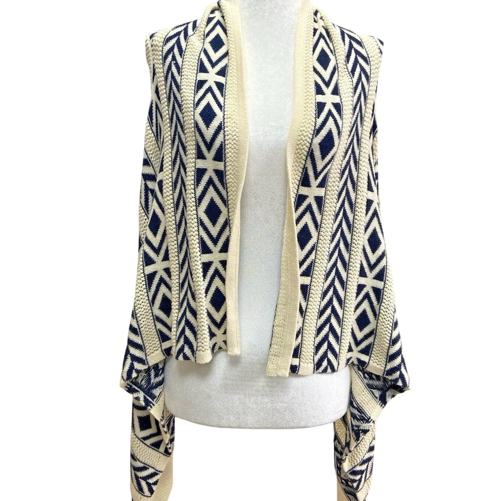 Westbound Sweater Vest Womens S White Navy Cotton Acrylic Open Front Aztec